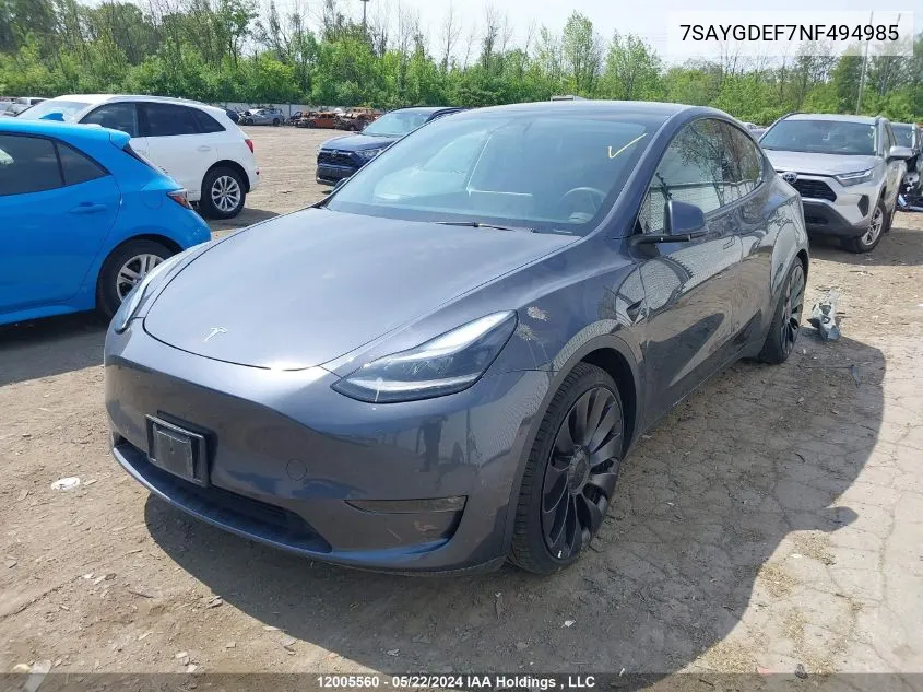 2022 Tesla Model Y VIN: 7SAYGDEF7NF494985 Lot: 12005560