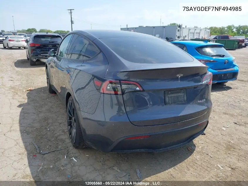 2022 Tesla Model Y VIN: 7SAYGDEF7NF494985 Lot: 12005560