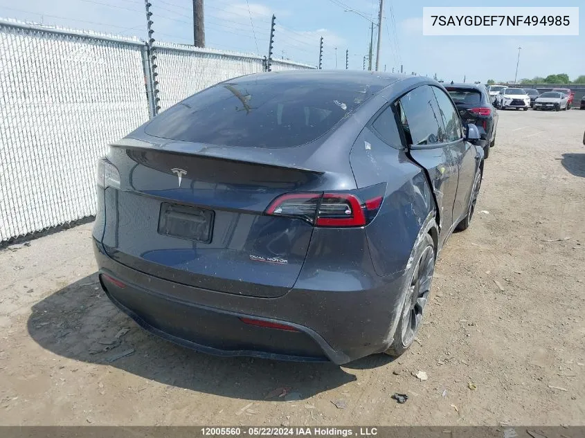 2022 Tesla Model Y VIN: 7SAYGDEF7NF494985 Lot: 12005560