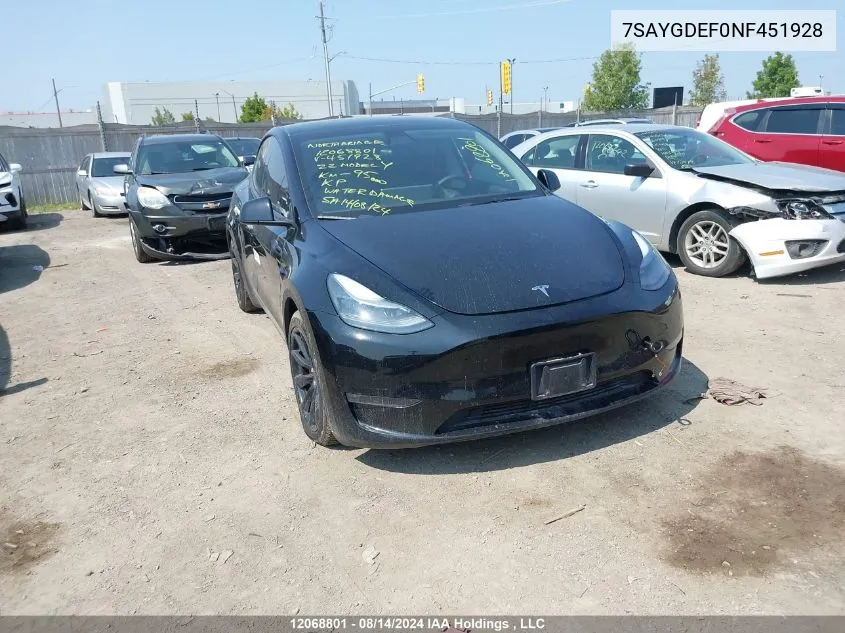 2022 Tesla Model Y VIN: 7SAYGDEF0NF451928 Lot: 12068801