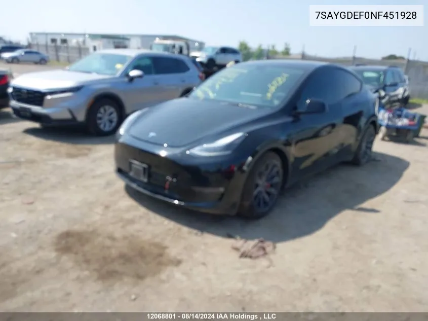 2022 Tesla Model Y VIN: 7SAYGDEF0NF451928 Lot: 12068801