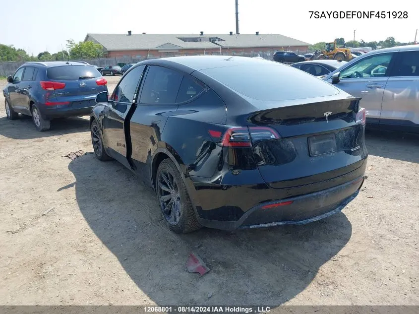 2022 Tesla Model Y VIN: 7SAYGDEF0NF451928 Lot: 12068801