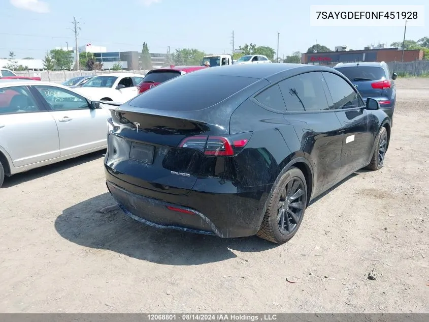 2022 Tesla Model Y VIN: 7SAYGDEF0NF451928 Lot: 12068801