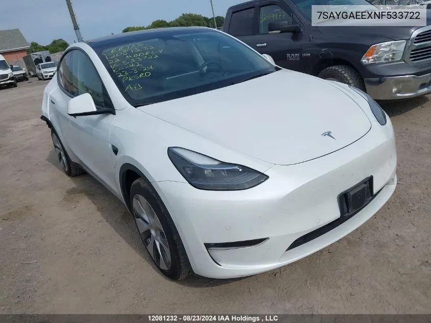 2022 Tesla Model Y VIN: 7SAYGAEEXNF533722 Lot: 12081232