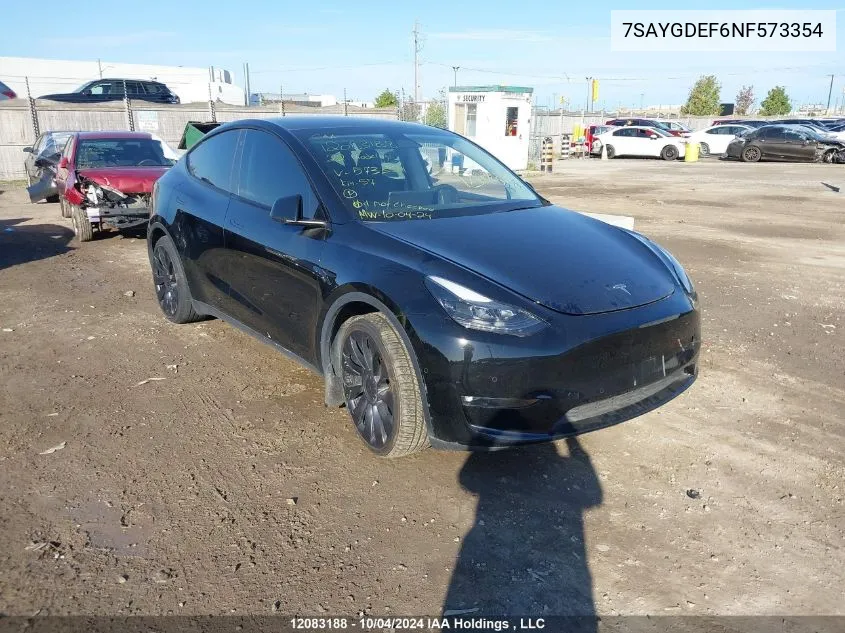 2022 Tesla Model Y VIN: 7SAYGDEF6NF573354 Lot: 12083188