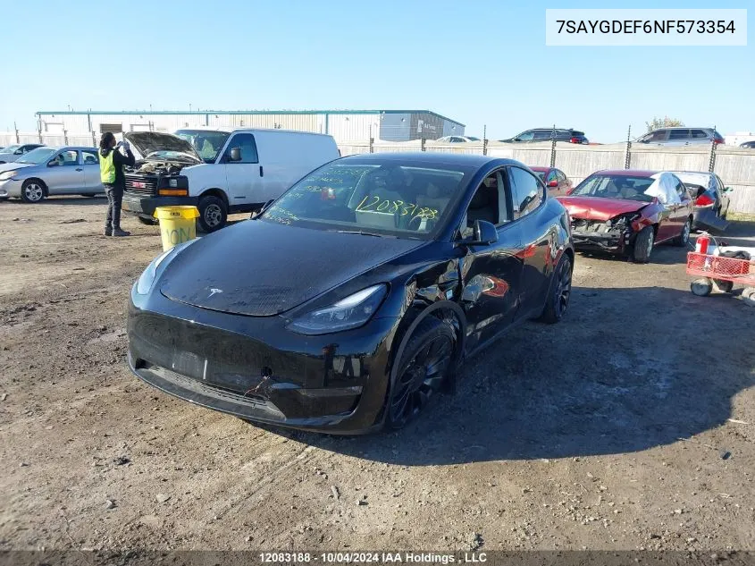 2022 Tesla Model Y VIN: 7SAYGDEF6NF573354 Lot: 12083188