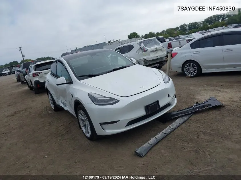 2022 Tesla Model Y VIN: 7SAYGDEE1NF450830 Lot: 12100179