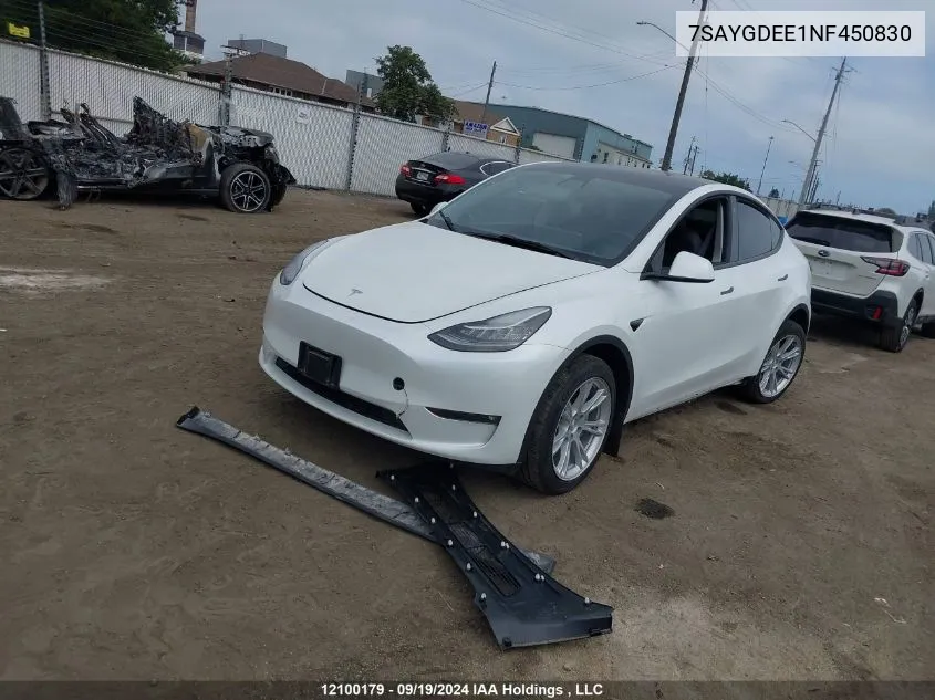 2022 Tesla Model Y VIN: 7SAYGDEE1NF450830 Lot: 12100179