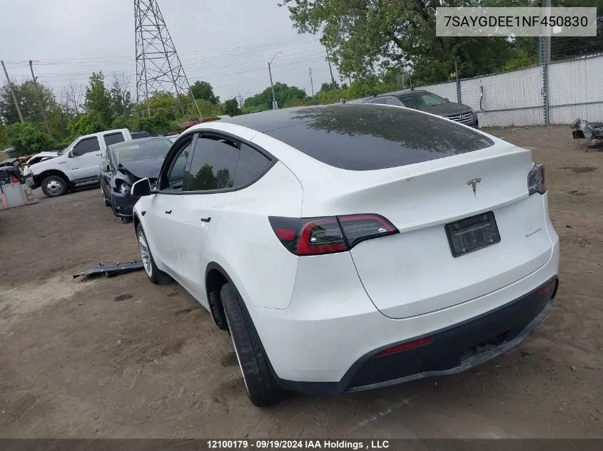 2022 Tesla Model Y VIN: 7SAYGDEE1NF450830 Lot: 12100179