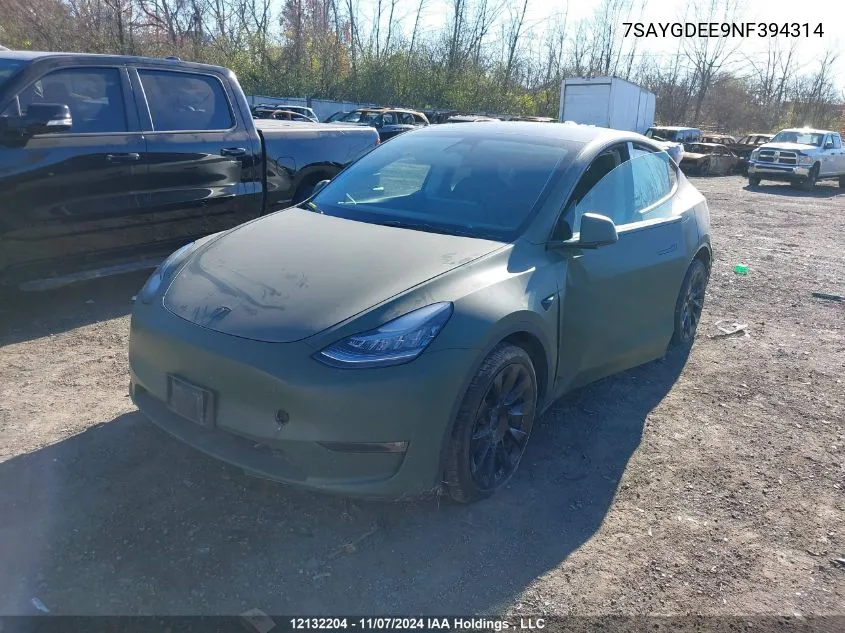 2022 Tesla Model Y VIN: 7SAYGDEE9NF394314 Lot: 12132204