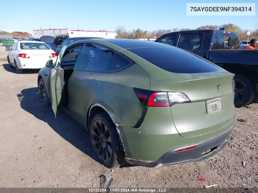 2022 Tesla Model Y VIN: 7SAYGDEE9NF394314 Lot: 12132204