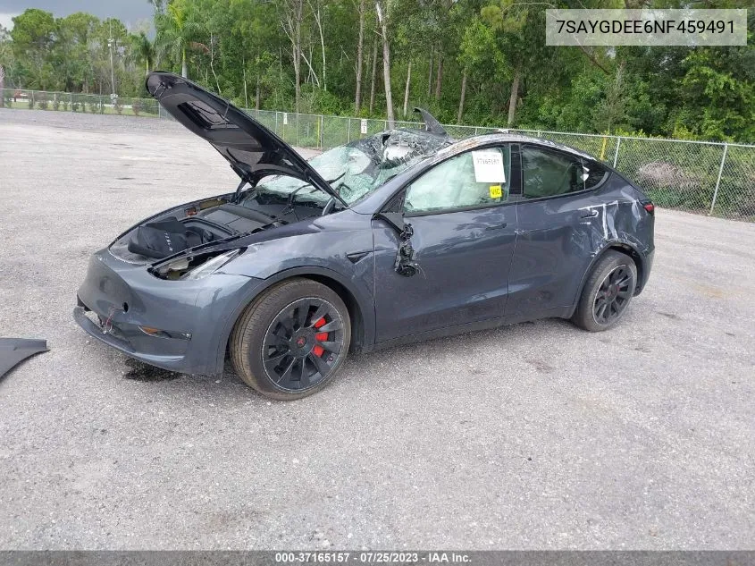 2022 Tesla Model Y Long Range Dual Motor All-Wheel Drive VIN: 7SAYGDEE6NF459491 Lot: 37165157