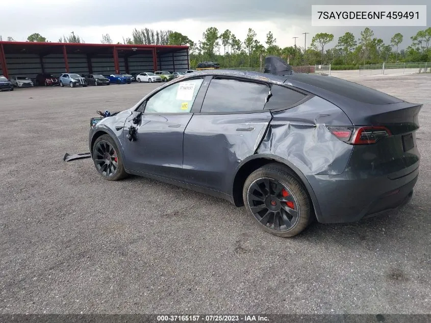 2022 Tesla Model Y Long Range Dual Motor All-Wheel Drive VIN: 7SAYGDEE6NF459491 Lot: 37165157