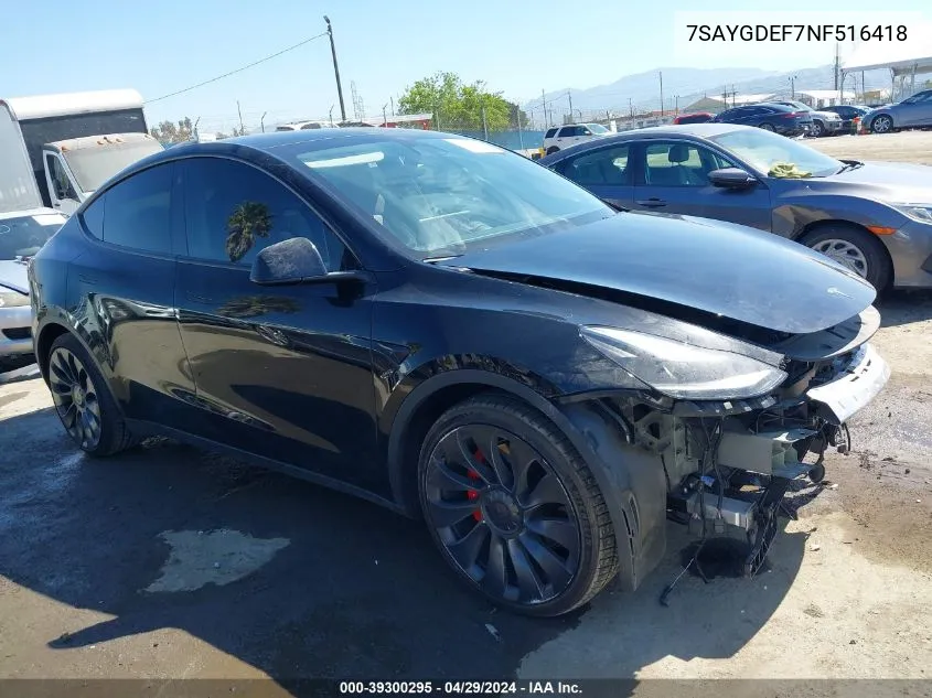 2022 Tesla Model Y Performance Dual Motor All-Wheel Drive VIN: 7SAYGDEF7NF516418 Lot: 40792996