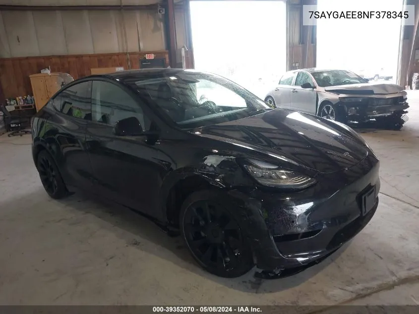 2022 Tesla Model Y Long Range Dual Motor All-Wheel Drive VIN: 7SAYGAEE8NF378345 Lot: 39352070