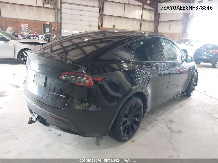 2022 Tesla Model Y Long Range Dual Motor All-Wheel Drive VIN: 7SAYGAEE8NF378345 Lot: 39352070