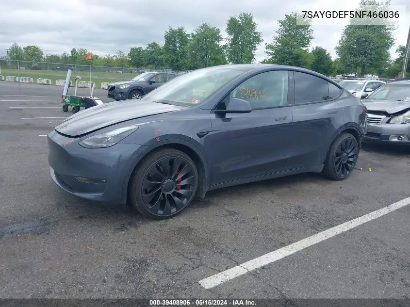 2022 Tesla Model Y Performance Dual Motor All-Wheel Drive VIN: 7SAYGDEF5NF466036 Lot: 39408906