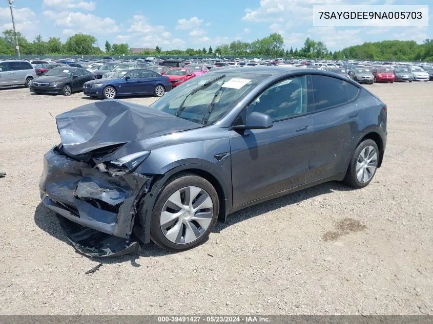 2022 Tesla Model Y Long Range Dual Motor All-Wheel Drive VIN: 7SAYGDEE9NA005703 Lot: 39491427