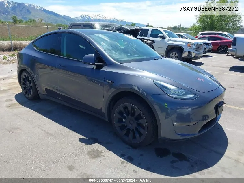 2022 Tesla Model Y Long Range Dual Motor All-Wheel Drive VIN: 7SAYGDEE6NF387272 Lot: 39506747