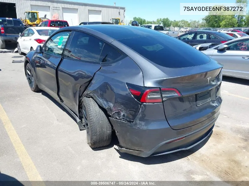 2022 Tesla Model Y Long Range Dual Motor All-Wheel Drive VIN: 7SAYGDEE6NF387272 Lot: 39506747