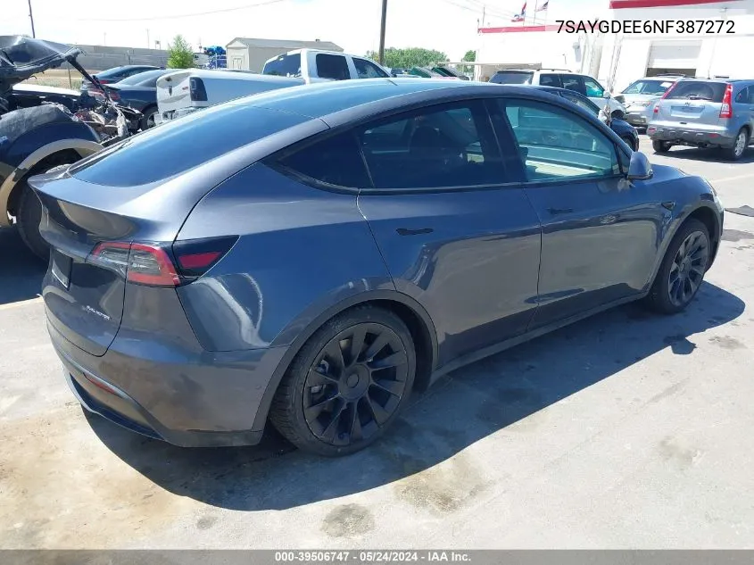 2022 Tesla Model Y Long Range Dual Motor All-Wheel Drive VIN: 7SAYGDEE6NF387272 Lot: 39506747