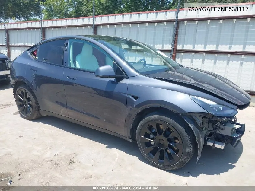 2022 Tesla Model Y Long Range Dual Motor All-Wheel Drive VIN: 7SAYGAEE7NF538117 Lot: 39566774