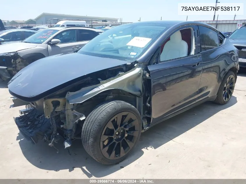 2022 Tesla Model Y Long Range Dual Motor All-Wheel Drive VIN: 7SAYGAEE7NF538117 Lot: 39566774