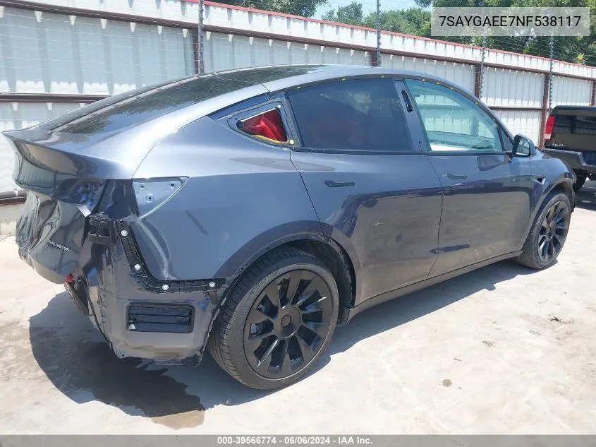 2022 Tesla Model Y Long Range Dual Motor All-Wheel Drive VIN: 7SAYGAEE7NF538117 Lot: 39566774