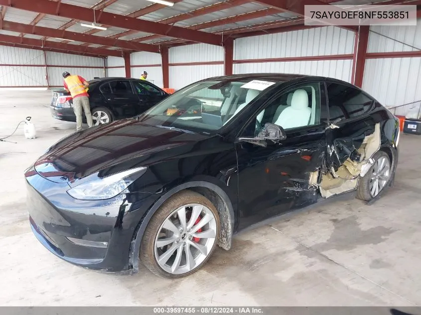 2022 Tesla Model Y Performance Dual Motor All-Wheel Drive VIN: 7SAYGDEF8NF553851 Lot: 39597455