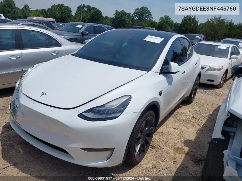 2022 Tesla Model Y Long Range Dual Motor All-Wheel Drive VIN: 7SAYGDEE3NF445760 Lot: 39631517