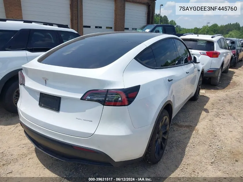 2022 Tesla Model Y Long Range Dual Motor All-Wheel Drive VIN: 7SAYGDEE3NF445760 Lot: 39631517