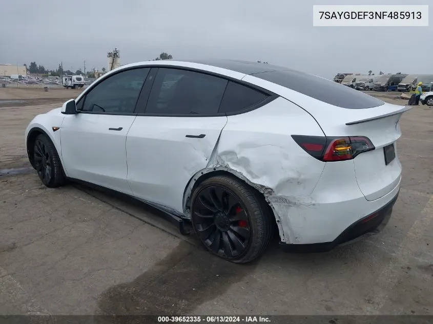 2022 Tesla Model Y Performance Dual Motor All-Wheel Drive VIN: 7SAYGDEF3NF485913 Lot: 39652335