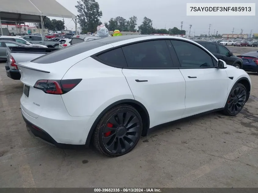 2022 Tesla Model Y Performance Dual Motor All-Wheel Drive VIN: 7SAYGDEF3NF485913 Lot: 39652335