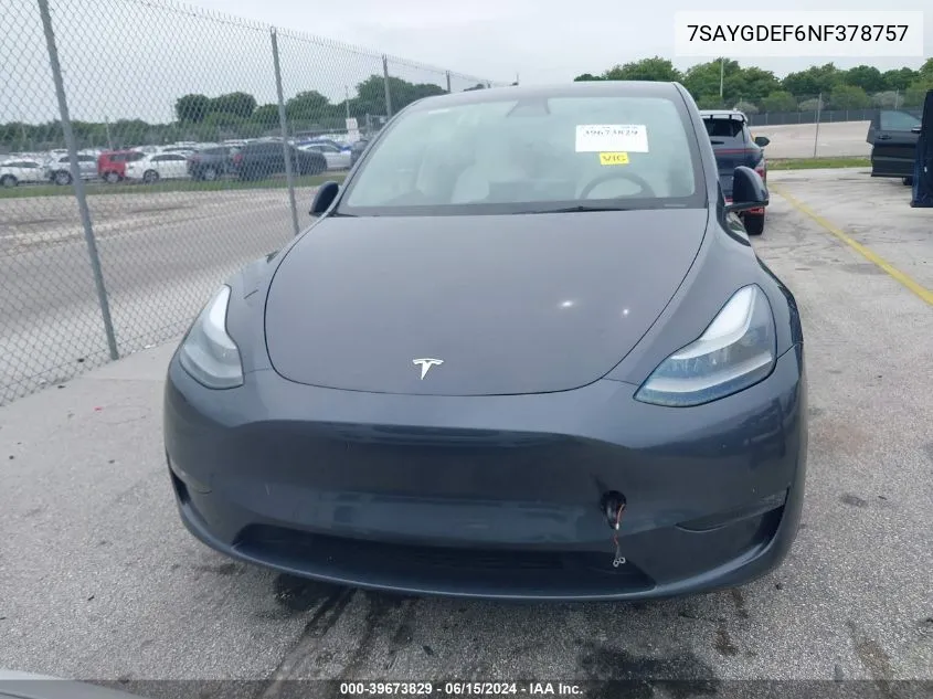 2022 Tesla Model Y Performance Dual Motor All-Wheel Drive VIN: 7SAYGDEF6NF378757 Lot: 39673829