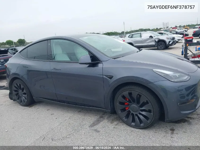 2022 Tesla Model Y Performance Dual Motor All-Wheel Drive VIN: 7SAYGDEF6NF378757 Lot: 39673829