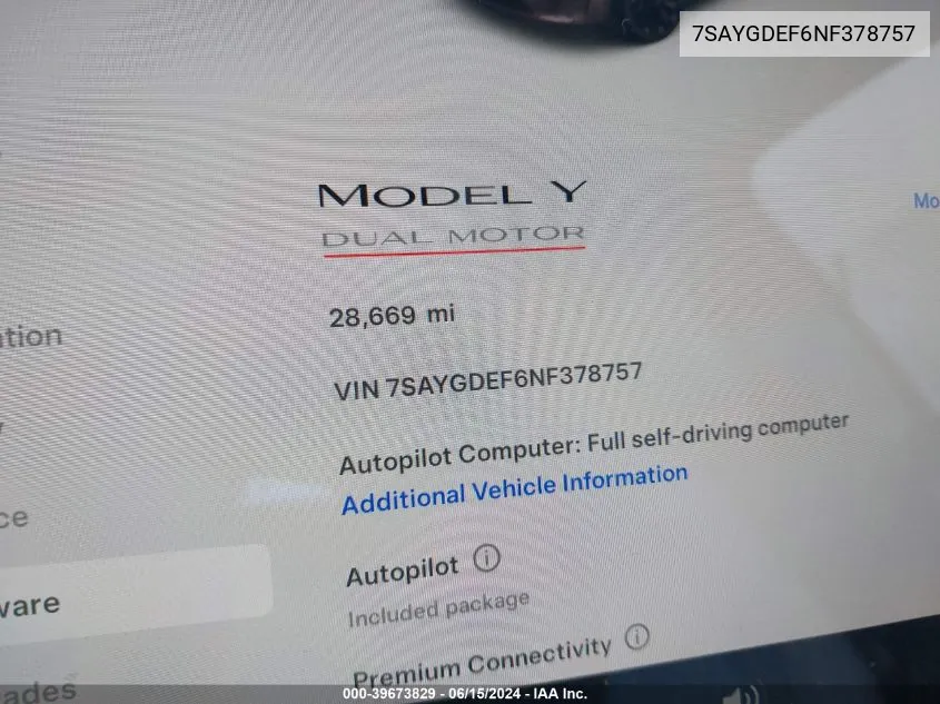 2022 Tesla Model Y Performance Dual Motor All-Wheel Drive VIN: 7SAYGDEF6NF378757 Lot: 39673829