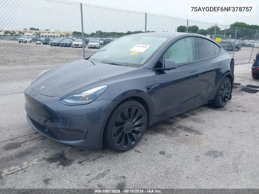 2022 Tesla Model Y Performance Dual Motor All-Wheel Drive VIN: 7SAYGDEF6NF378757 Lot: 39673829