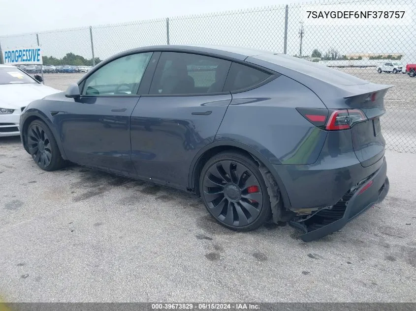 2022 Tesla Model Y Performance Dual Motor All-Wheel Drive VIN: 7SAYGDEF6NF378757 Lot: 39673829