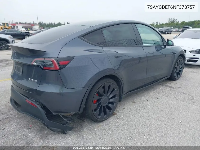 2022 Tesla Model Y Performance Dual Motor All-Wheel Drive VIN: 7SAYGDEF6NF378757 Lot: 39673829