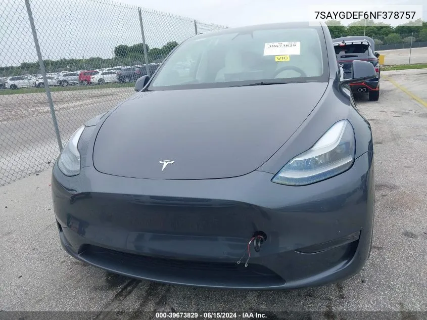 2022 Tesla Model Y Performance Dual Motor All-Wheel Drive VIN: 7SAYGDEF6NF378757 Lot: 39673829