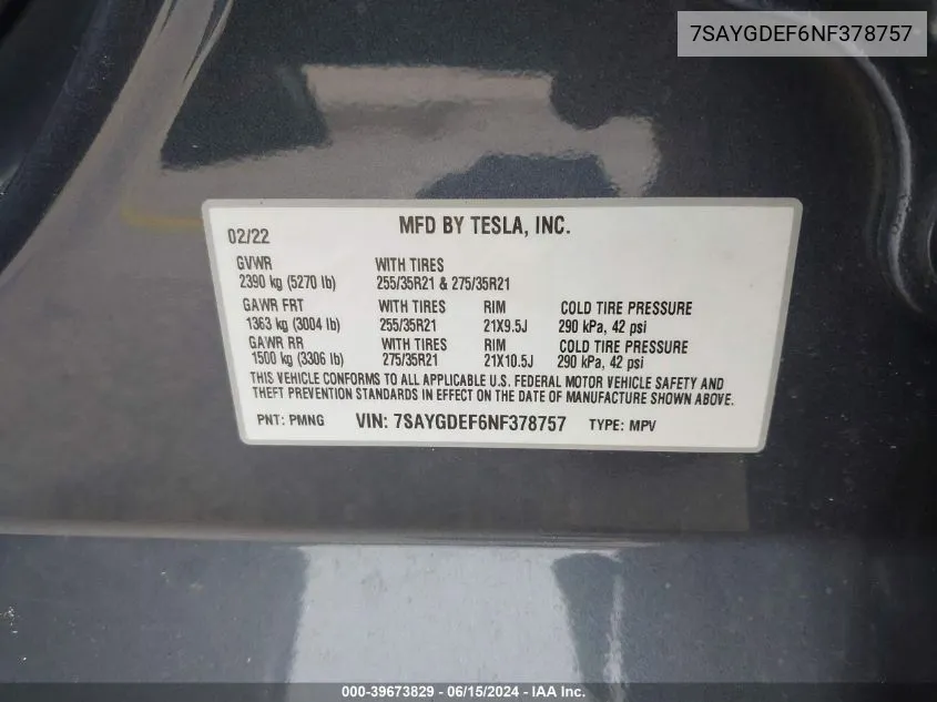 2022 Tesla Model Y Performance Dual Motor All-Wheel Drive VIN: 7SAYGDEF6NF378757 Lot: 39673829