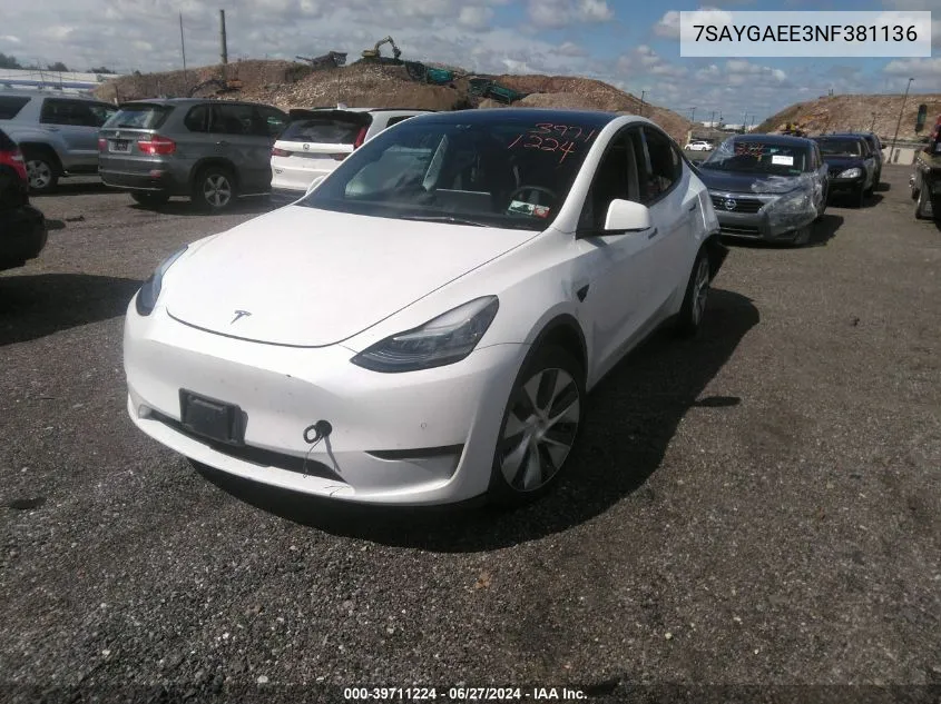 2022 Tesla Model Y Long Range Dual Motor All-Wheel Drive VIN: 7SAYGAEE3NF381136 Lot: 39711224