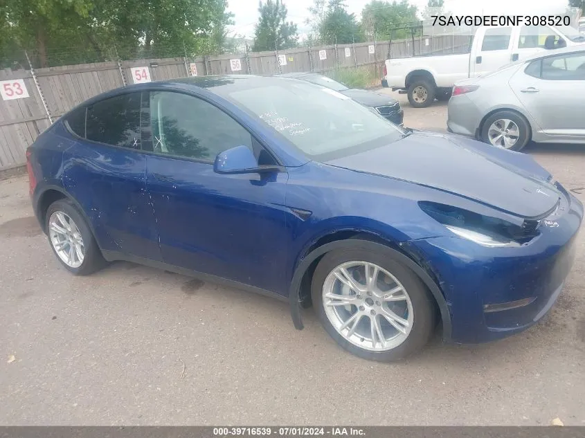 2022 Tesla Model Y Long Range Dual Motor All-Wheel Drive VIN: 7SAYGDEE0NF308520 Lot: 39716539