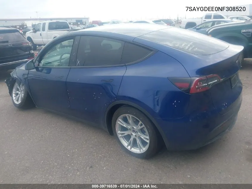 2022 Tesla Model Y Long Range Dual Motor All-Wheel Drive VIN: 7SAYGDEE0NF308520 Lot: 39716539