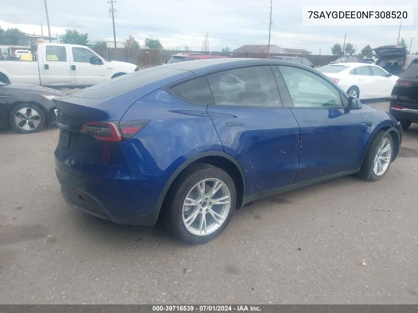 2022 Tesla Model Y Long Range Dual Motor All-Wheel Drive VIN: 7SAYGDEE0NF308520 Lot: 39716539