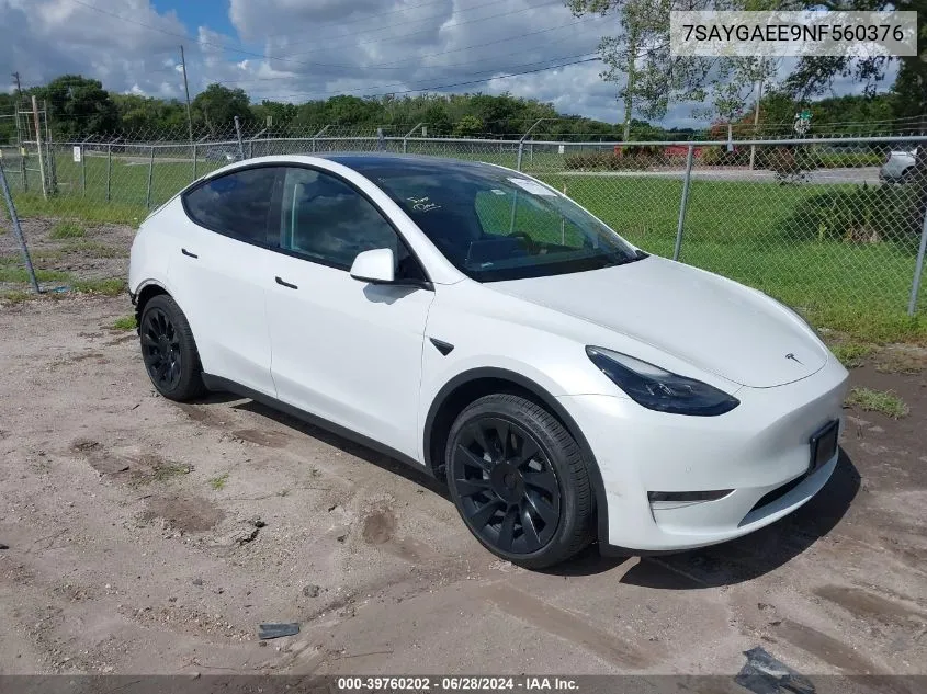 2022 Tesla Model Y Long Range Dual Motor All-Wheel Drive VIN: 7SAYGAEE9NF560376 Lot: 39760202