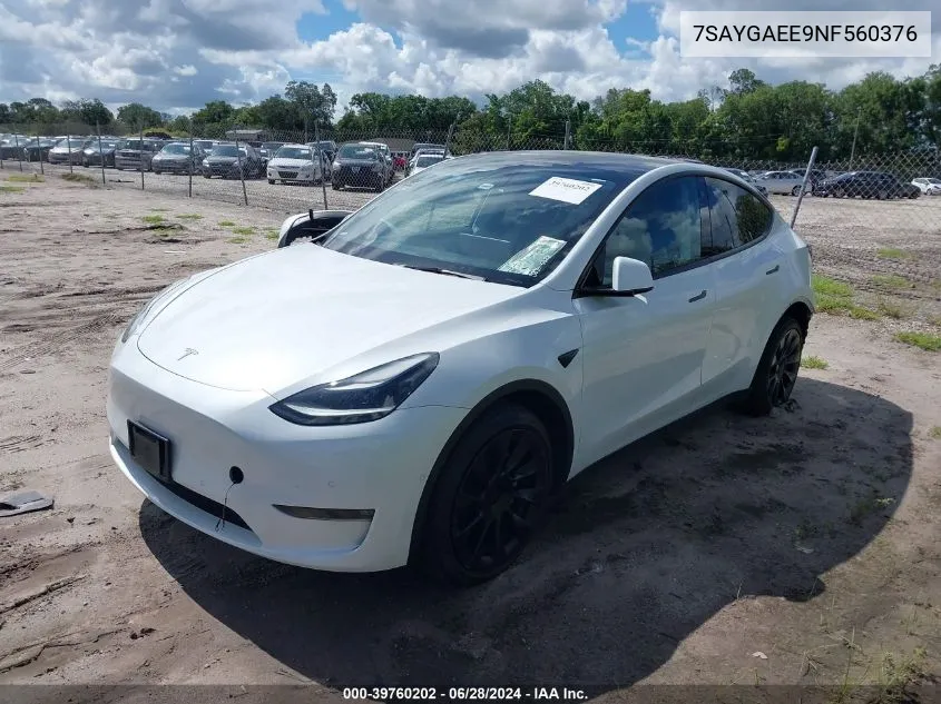 2022 Tesla Model Y Long Range Dual Motor All-Wheel Drive VIN: 7SAYGAEE9NF560376 Lot: 39760202