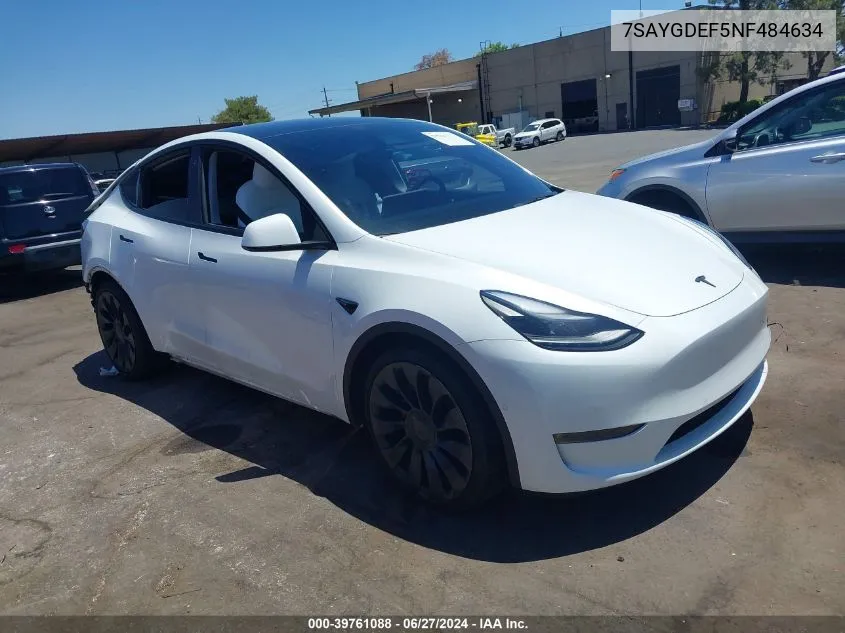 2022 Tesla Model Y Performance Dual Motor All-Wheel Drive VIN: 7SAYGDEF5NF484634 Lot: 39761088