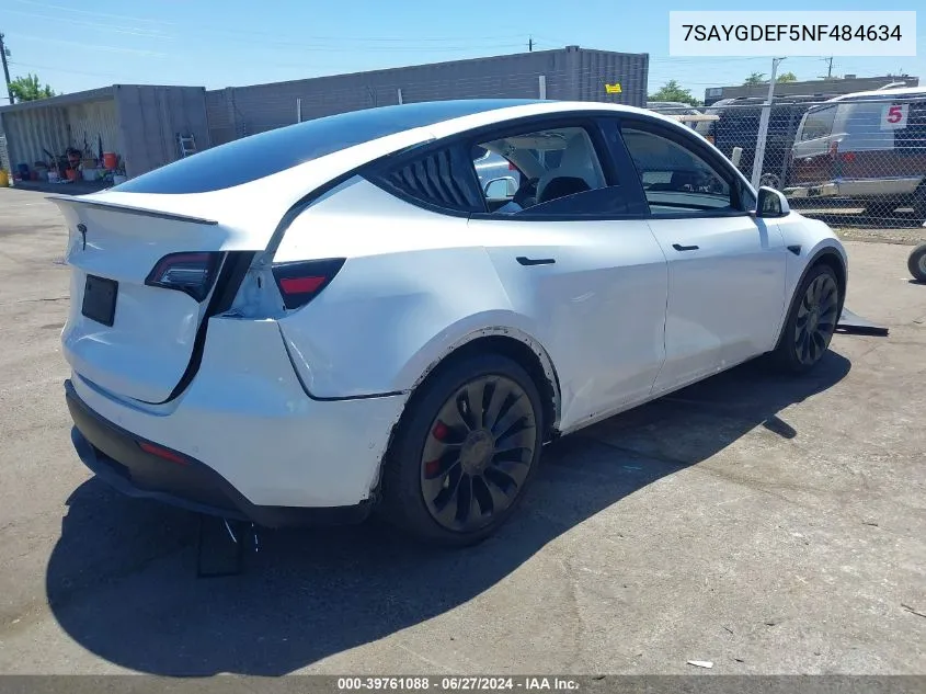 2022 Tesla Model Y Performance Dual Motor All-Wheel Drive VIN: 7SAYGDEF5NF484634 Lot: 39761088