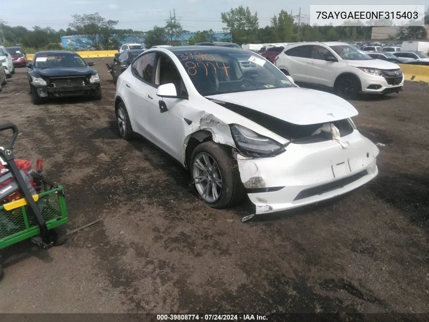 2022 Tesla Model Y Long Range Dual Motor All-Wheel Drive VIN: 7SAYGAEE0NF315403 Lot: 39808774